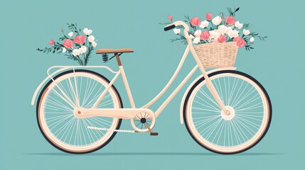 Fototapeta premium A white bicycle with a wicker basket full of flowers.