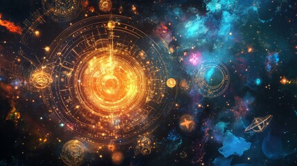 Vibrant digital collage showcasing popular astrology symbols and celestial elements in a cosmic backdrop