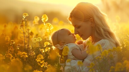 Caucasian mother bonding with her infant in a serene yellow meadow, capturing a beautiful moment of family connection in nature, ideal for parenting themes, outdoor lifestyle photography, and tender f