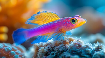 A Vibrant Yellow, Pink, and Blue Fish with a Bright Orange Eye Rests on a Coral Reef
