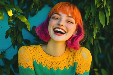 Photo of lovely young girl show v-sign eye tongue wear pink pullover isolated on teal color background. Beautiful simple AI generated image