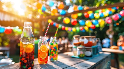 Refreshing summer drinks with fruit candy at party