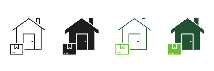 Home Delivery Service Line and Silhouette Icon Set. Parcel Package Shipping To House Sign. Address Delivery Symbol. Order Shipping To Door Pictogram. Editable Stroke. Isolated Vector Illustration