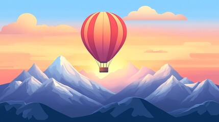 Fototapeta premium A hot air balloon floats above snow-capped mountain peaks in a colorful sunset sky.