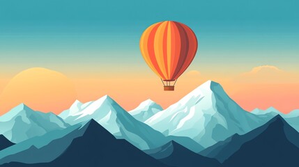 Fototapeta premium Hot air balloon flying over a mountain range with a sunset in the background.