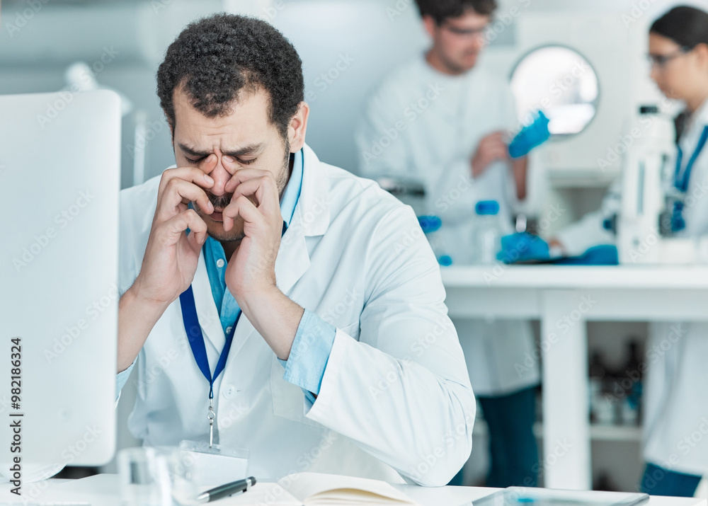Poster Man, stress and scientist on computer with glitch, error or software malfunction in science lab. Male person, tech and anxiety with fatigue, medical research or system update at desk for mpox vaccine