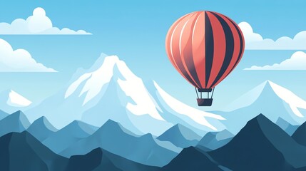 A red hot air balloon flies above a mountain range with snow-capped peaks.