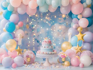 Decorated set for smash cake photo shoot. Birthday celebration.