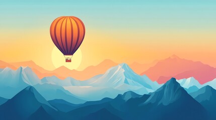 A hot air balloon flies over a mountain range with a sunset sky.