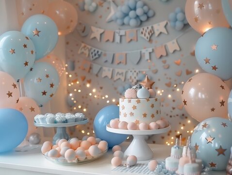 Decorated set for smash cake photo shoot. Birthday celebration.
