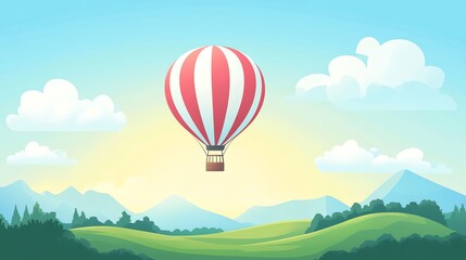 Fototapeta premium A red and white hot air balloon flies over a landscape of green hills and blue mountains.