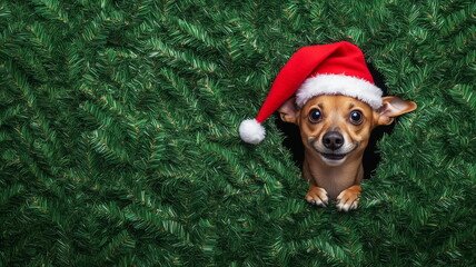 Smiling dog wearing santa red hat in the hole of fir branches wall