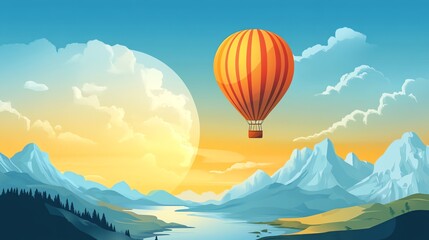 Hot air balloon flying over a scenic mountain range.