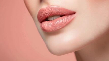 Obraz premium Close-up of woman's lips wearing soft pastel pink lipstick, highlighting smooth texture and delicate lip color, perfect for beauty product advertisements, makeup tutorials, and cosmetic branding desig