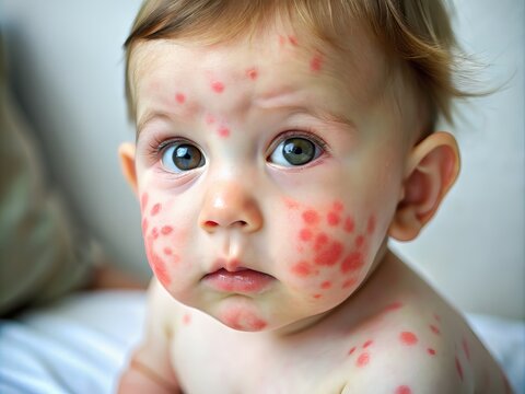 Soft skin with vibrant red blotches and raised patches showcases varied textures and hues, presenting pediatric skin