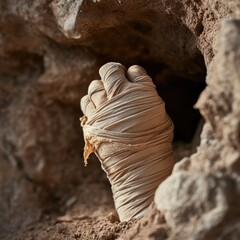 A clenched, bandaged hand emerging from soil, symbolizing struggle, survival, and resilience in a challenging environment.