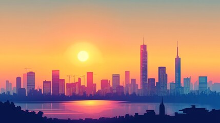 Fototapeta premium A stunning silhouette of a modern city skyline at sunset with a glowing sun reflecting on the water.