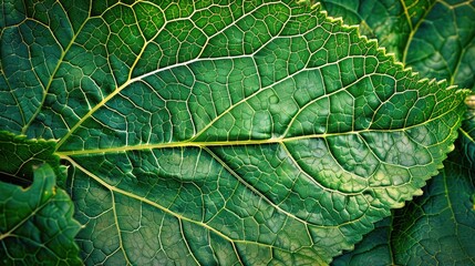 Close-up shot of a green leaf. This image is perfect for showcasing the intricate details and patterns found in nature.