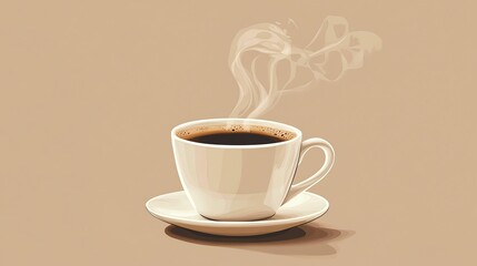 Obraz premium A simple, white cup of coffee with steam rising over a beige background.