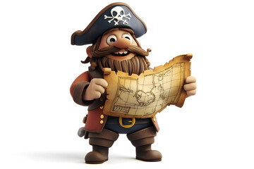 A cheerful pirate character holds treasure map, showcasing playful and adventurous spirit. This 3D cartoon figure embodies essence of exploration and fun