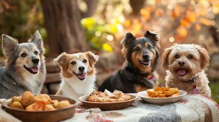 Outdoor Thanksgiving picnic with friends, their dogs enjoying pet-safe turkey and sweet potatoes amidst autumn scenery