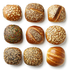 Artisan bread rolls with various toppings, including seeds and oats, arranged in grid pattern. These rolls showcase variety of textures and colors, perfect for any meal