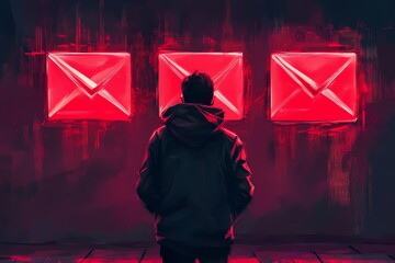 A lone figure stands in a dark room illuminated by three glowing red envelopes.