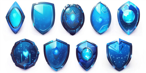 Set of futuristic blue holographic metallic shields