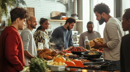 Naklejka premium Community members gather in a warm kitchen for a festive Thanksgiving celebration with diverse dishes and joyful participation