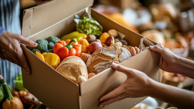 Hands passing a Thanksgiving meal box filled with fresh produce and canned goods at a community food drive in natural light