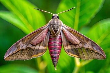 The close-up captures the majesty of the hawk moth, its spread wings a kaleidoscope of brown and cream,