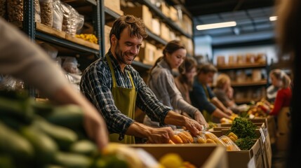 Volunteers pack Thanksgiving meal kits at a local food bank, fostering community spirit and connection