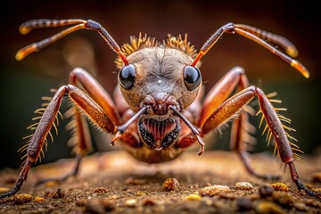 The close-up image reveals the bulldog ant's menacing mandibles and hairy body, showcasing the intricate details of