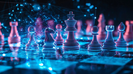 Abstract digital chess board with holographic figures and a blue glow, representing the concept of AI in business strategy or global trade.