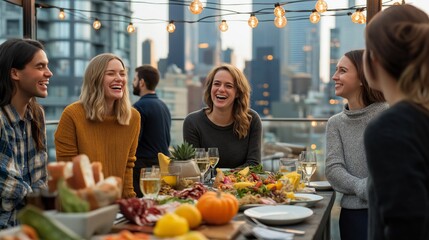 A modern Friendsgiving feast on a city rooftop terrace with friends enjoying a festive meal and skyline views
