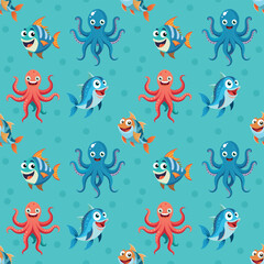 Vector seamless pattern with bubbles, fishes and octopus. Cute fish and octopus isolated on blue background. Fish pattern, octopus print perfect for kids textile.