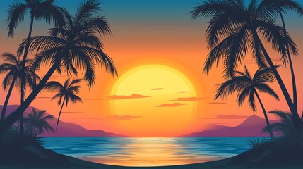Fototapeta premium A stunning sunset over a tropical beach with palm trees and a calm ocean.