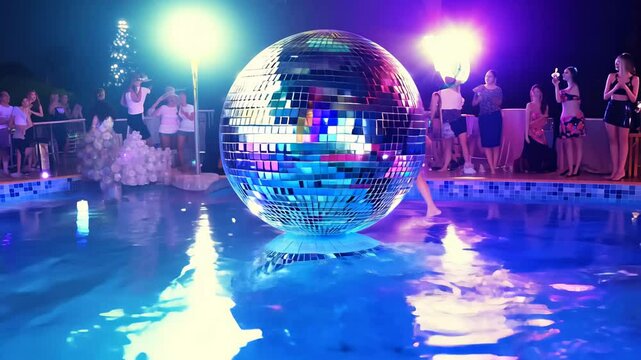 A vibrant nighttime pool party with a disco ball reflecting colorful lights, creating a lively atmosphere for celebration and fun.