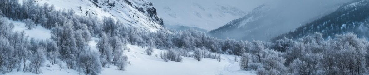 A breathtaking winter landscape showcasing a herd of reindeer traversing snow-covered terrain under a serene sky.