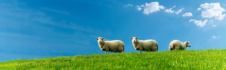 Naklejka premium Sheep on grassy hill, panoramic banner with copy space area