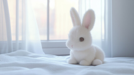 Obraz premium Soft Plush Bunny on White Bed, Serene Morning Light