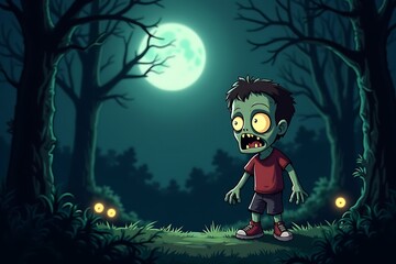 Scary Halloween art featuring a zombie boy in a dark forest under a full moon
