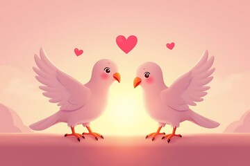 Obraz premium Loving doves celebrating Valentine's Day with hearts in soft pastel background, romantic mood