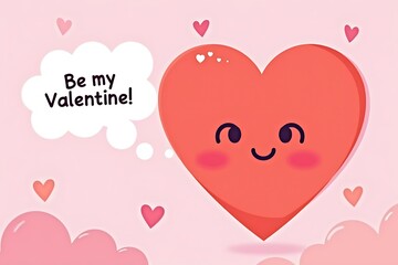 Cute heart character asking to be a Valentine with cheerful expression on a pink background