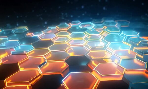 Abstract grid pattern with orange and blue lights highlighting the neon landscape, digital technology concept background 