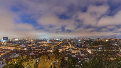 Panorama showing aerial view of downtown of Lisbon day to night transition timelapse, Portugal.