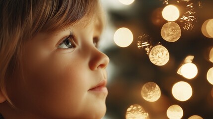 Naklejka premium Christmas Wonder: A young child gazes in awe at the twinkling lights of a Christmas tree, eyes filled with the magic of the season. 