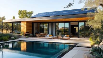 Obraz premium Modern Eco-Friendly Home with Solar Panels Overlooking a Pool