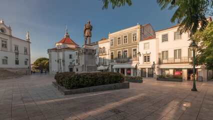Panorama showing Sa da Bandeira Square with a view of the Santarem See Cathedral timelapse. Portugal