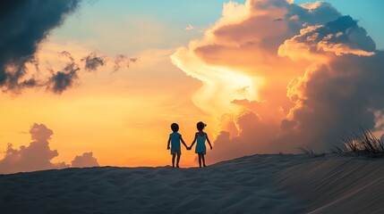 Fototapeta premium Children holding hands at sunset on a sandy beach with colorful clouds in the background during a serene evening